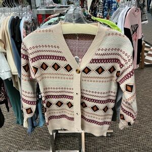 Geometric Patterned Beige Cardigan Sweater